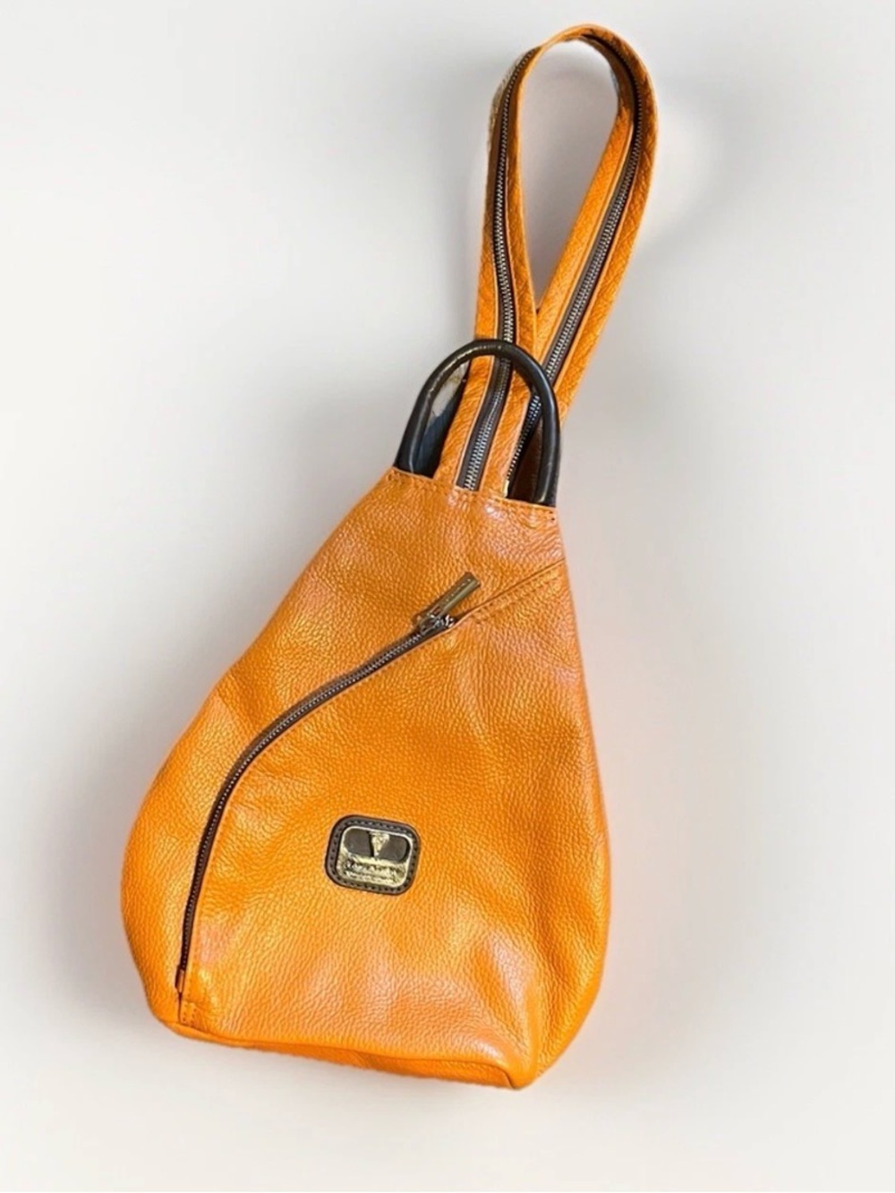 Valentina Italia Orange/Tan Pebbled Leather Convertible Backpack Sling Bag